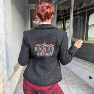 Terry Paris Silk Blend Tweed Blazer Rhinestone Crown Back Made in England Y2K